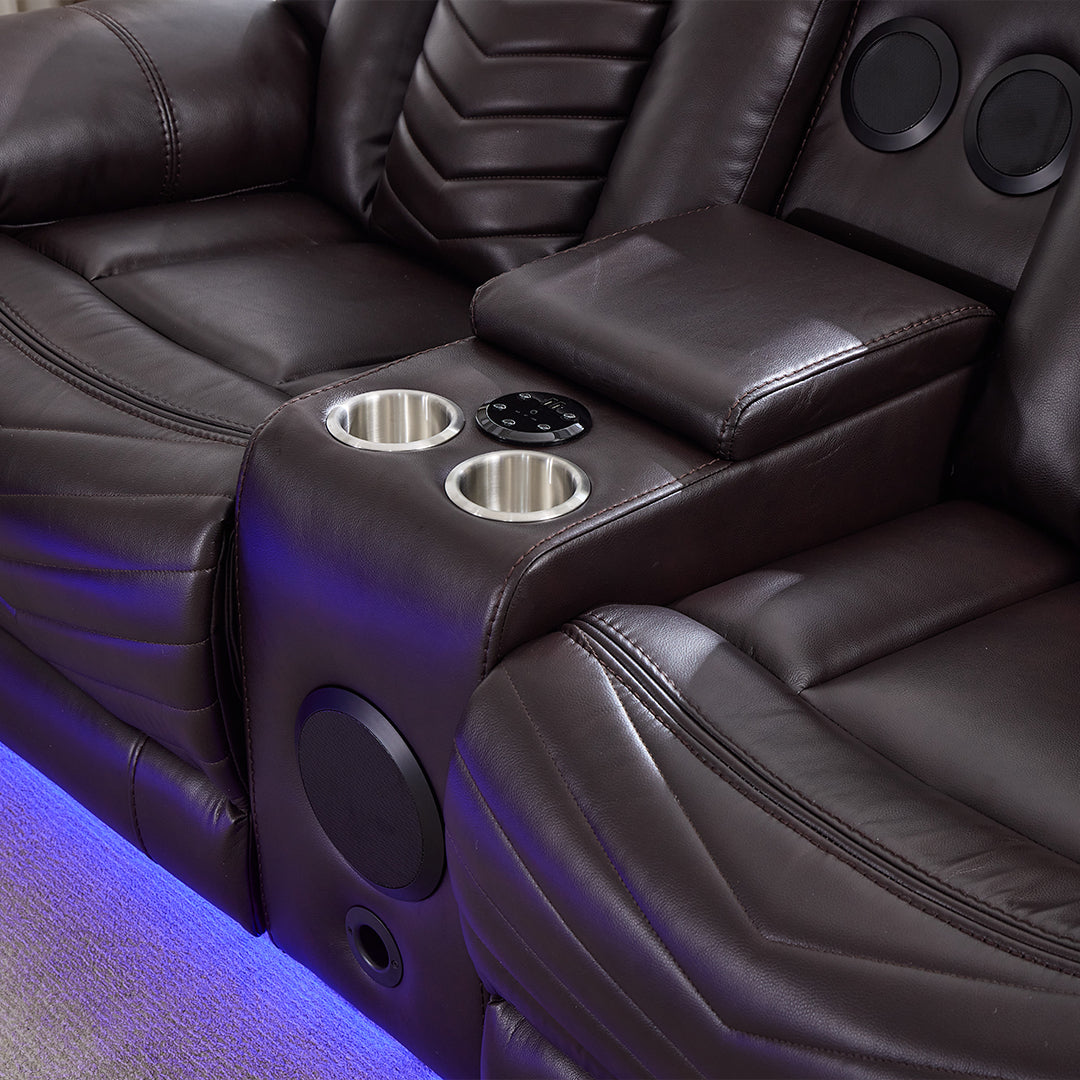 Zeus Leather Electric Recliners Sofa With Cupholders (Black/Grey/Brown) - 3+2 Seater Sofa/Bluetooth Speakers/LED Lights/USB Charging Ports/Storage