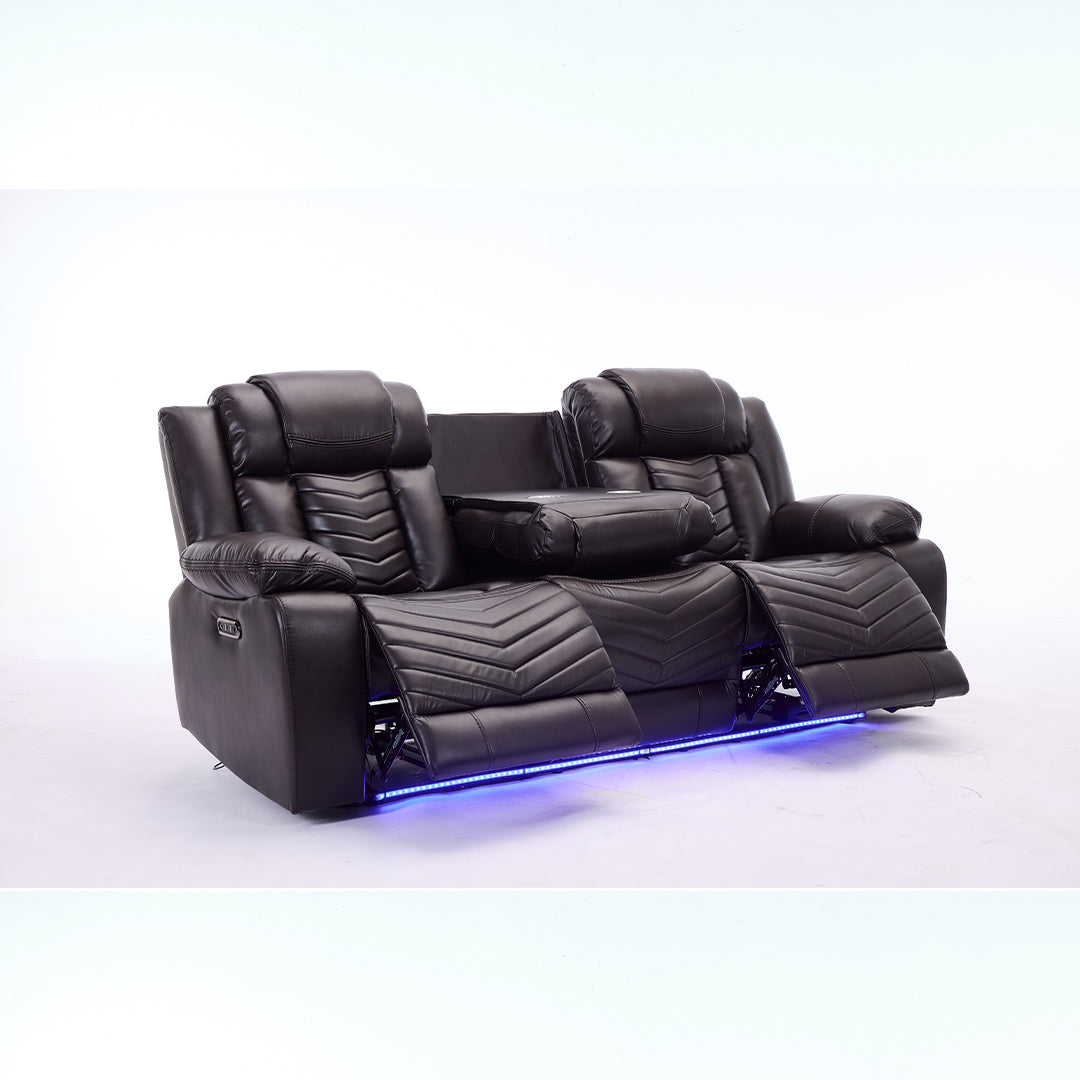 Zeus Leather Electric Recliners Sofa With Cupholders (Black/Grey/Brown) - 3+2 Seater Sofa/Bluetooth Speakers/LED Lights/USB Charging Ports/Storage