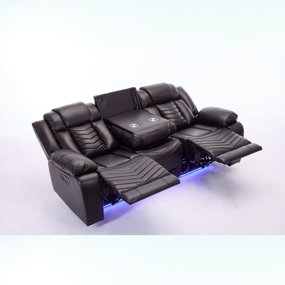 Zeus Leather Electric Recliners Sofa With Cupholders (Black/Grey/Brown) - 3+2 Seater Sofa/Bluetooth Speakers/LED Lights/USB Charging Ports/Storage