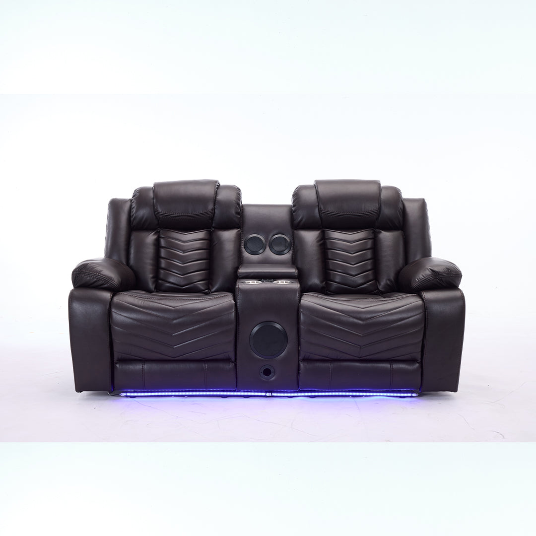 Zeus Leather Electric Recliners Sofa With Cupholders (Dark Brown) - 3+2 Seater Sofa/Bluetooth Speakers/LED Lights/USB Charging Ports/Storage