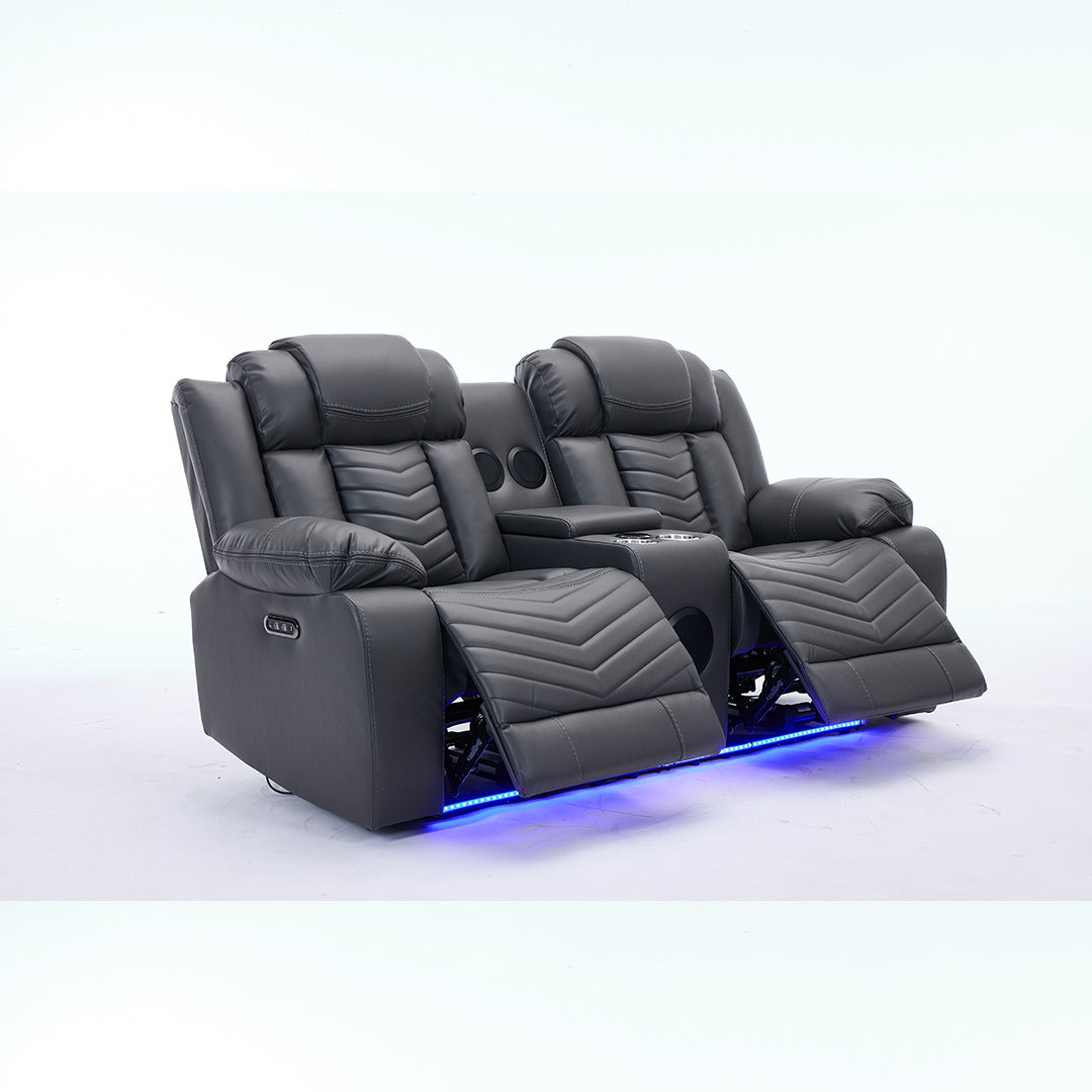 Zeus Leather Electric Recliners Sofa With Cupholders (Black/Grey/Brown) - 3+2 Seater Sofa/Bluetooth Speakers/LED Lights/USB Charging Ports/Storage