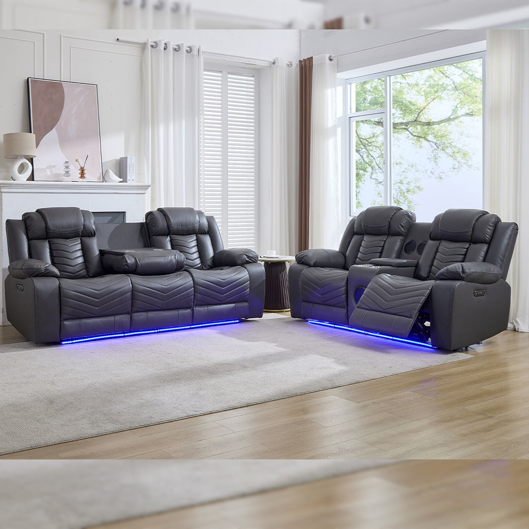 Zeus Leather Electric Recliners Sofa With Cupholders (Black/Grey/Brown) - 3+2 Seater Sofa/Bluetooth Speakers/LED Lights/USB Charging Ports/Storage