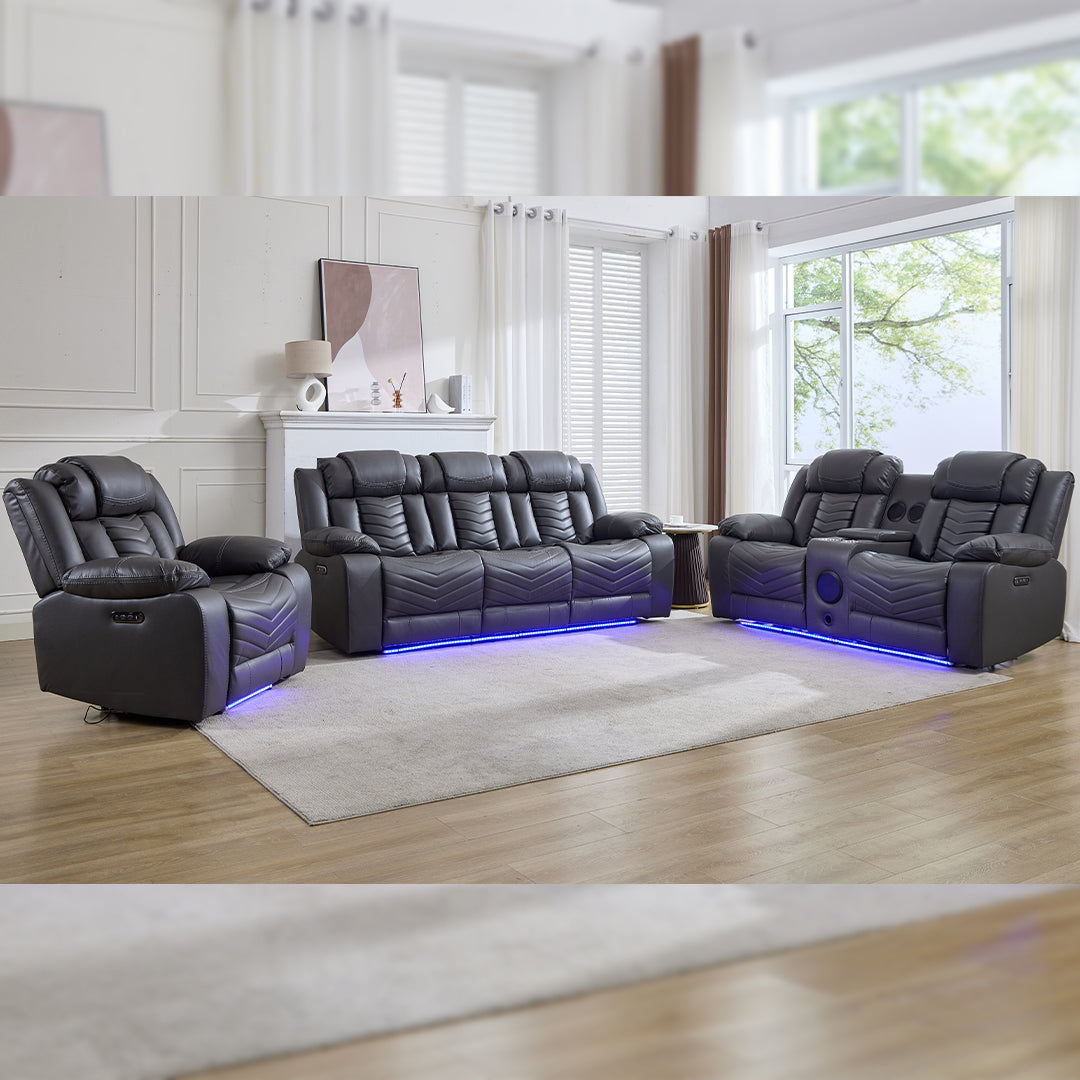 Zeus Leather Electric Recliners Sofa With Cupholders (Black/Grey/Brown) - 3+2 Seater Sofa/Bluetooth Speakers/LED Lights/USB Charging Ports/Storage
